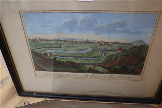 18th century English School, coloured engraving, The Prospect of the Town of Elgine, 26 x 42cm and four